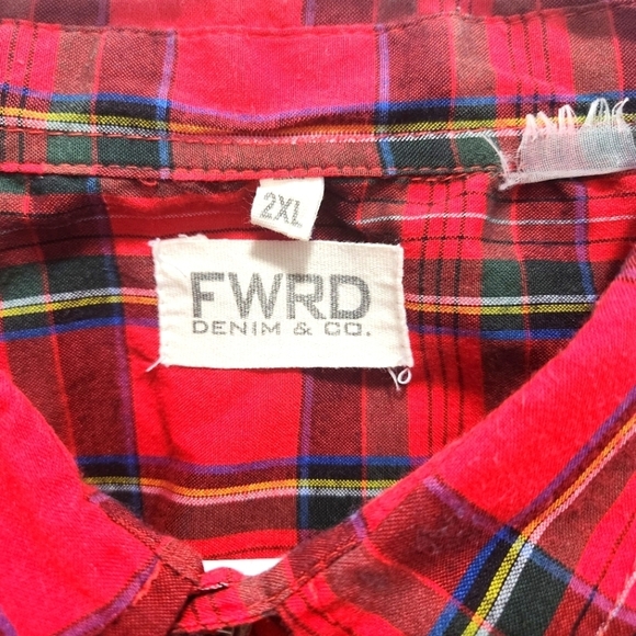FWRD Denim & Co Men's 2XL Red Plaid Button Down Zipper Accents Elbow Patches - Picture 2 of 8